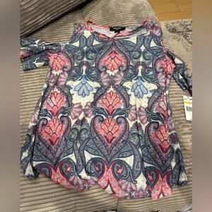Nine West Pink and Blue Paisley Cold Shoulder Blouse
